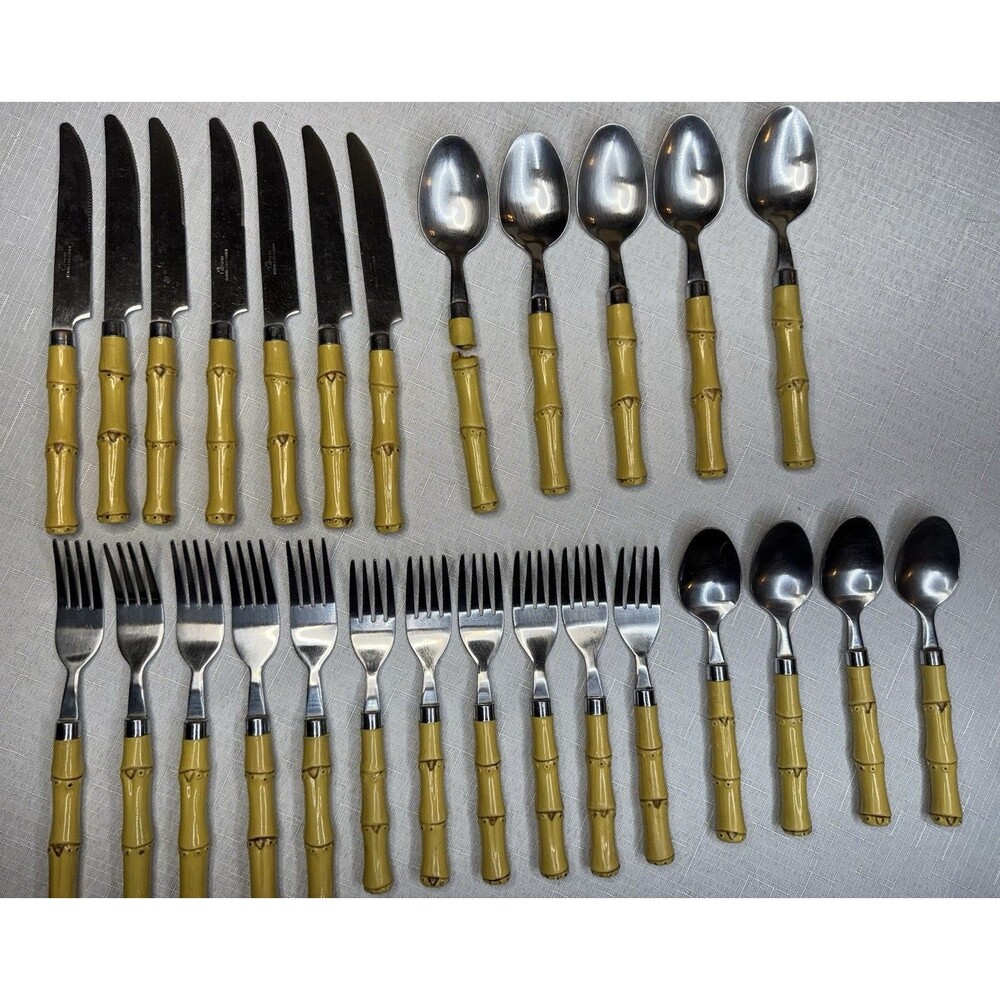Gibson Faux Bamboo Flatware Set Of 27 Pcs Retro Tiki Silverware Stainless Steel
